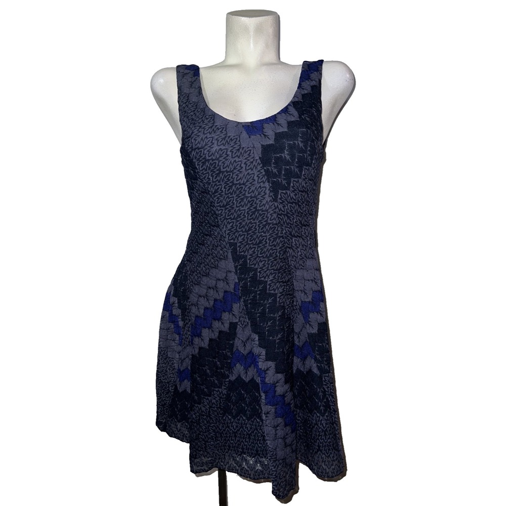 Free People Womens Jacquard Chevron Leaf Fit & Flare Dress Blue Grey Size M